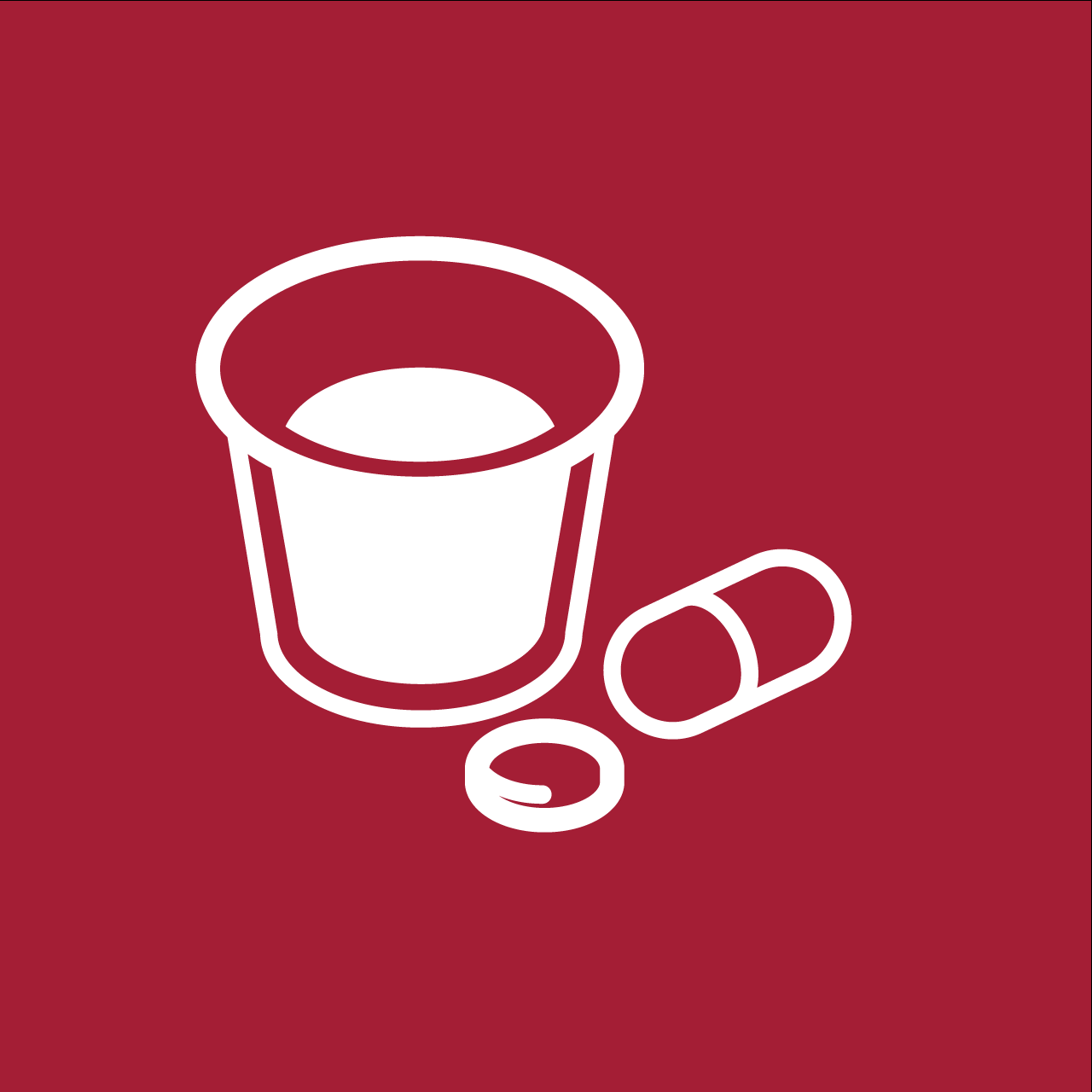 White medication graphic against cherry red background. 