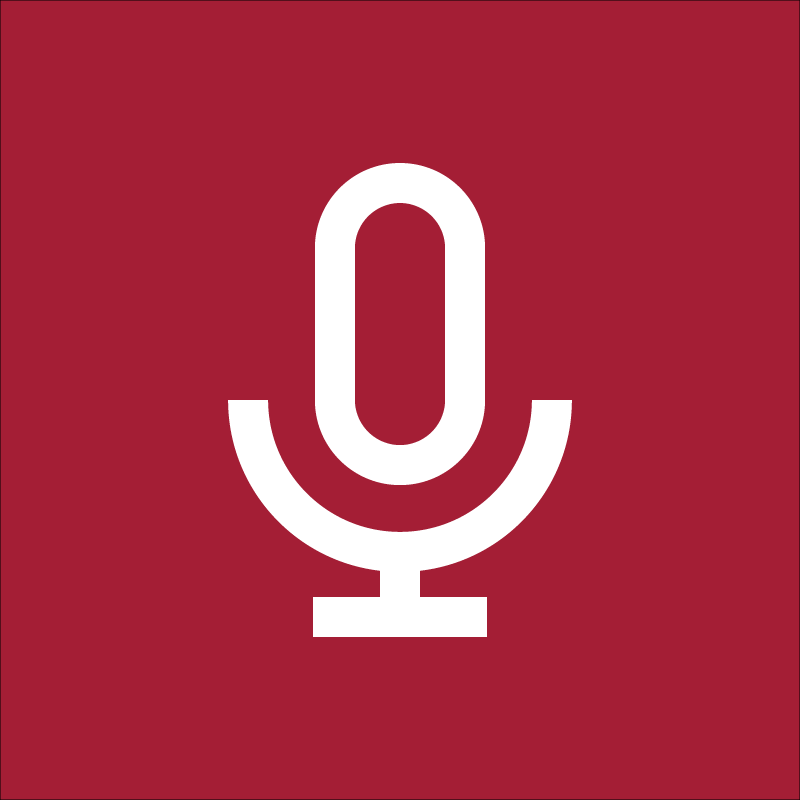White microphone icon on cherry red background. 