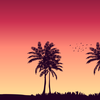 A vector image of palm trees on a sunset gradient background