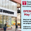 Photo of the exterior of Temple University Harrisburg. Text reads: OPEN HOUSE May 1, 2024. Meet our team, tour the facility and learn about our programs. 10:00 am to 12:00 pm. 3:30 pm to 5:30 pm. 